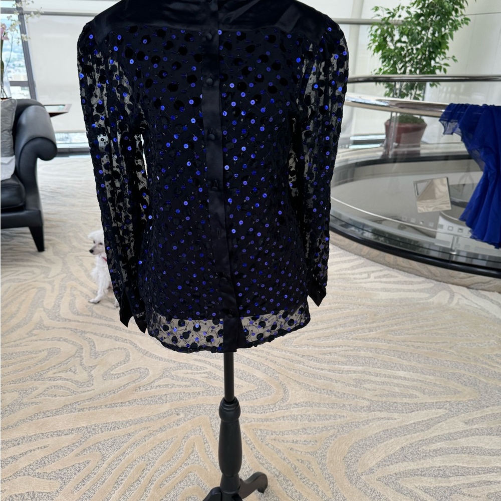 Vintage Sheer Black Button Up Blouse with Navy Blue sequins - Picture 2 of 4